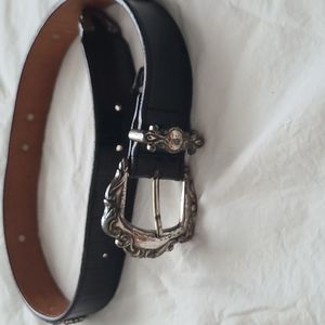 Vintage Western Black Leather Belt with Silver Colored Hardware